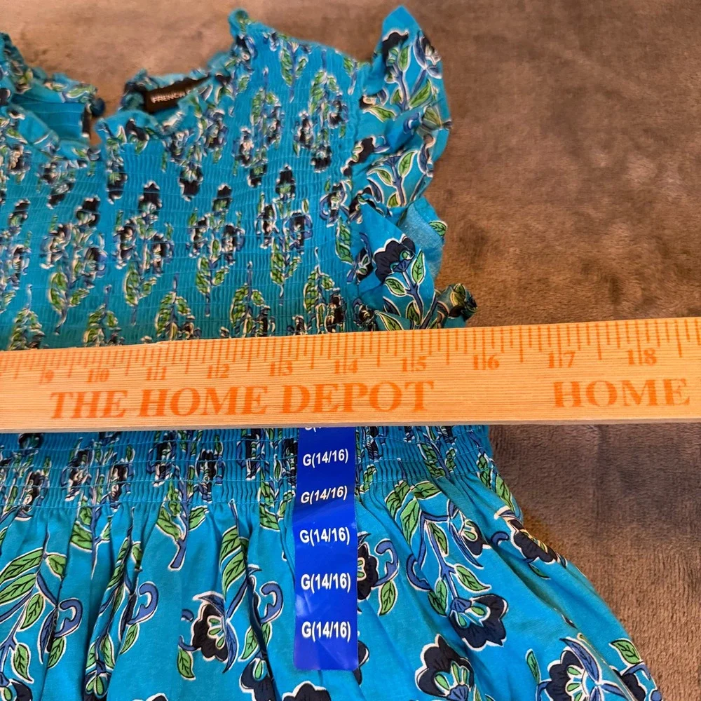 French Connection Smocked Floral Dress‎ Girls Large 14/16 Blue Cotton Ruffle